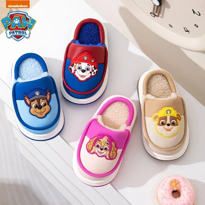 Original Paw Patrol Chase Kids Slippers Plush Fleece-Lined White & Blue Upper 3D Character Badge Soft Non-slip Sole Ultra-Warm