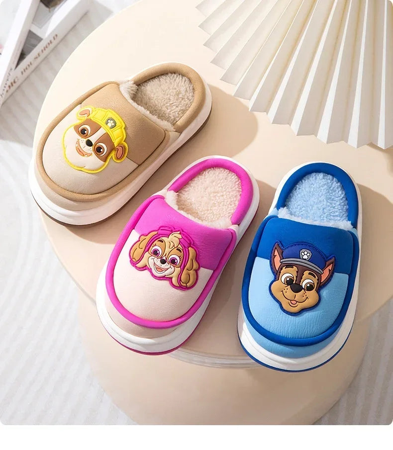 Original Paw Patrol Chase Kids Slippers Plush Fleece-Lined White & Blue Upper 3D Character Badge Soft Non-slip Sole Ultra-Warm