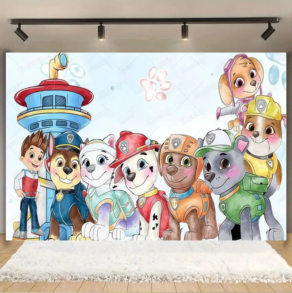 Pink And Blue Paw Patrol Background Dog Graffiti Happy Birthday Party Photography Background Custom Decoration Banner Cartoon