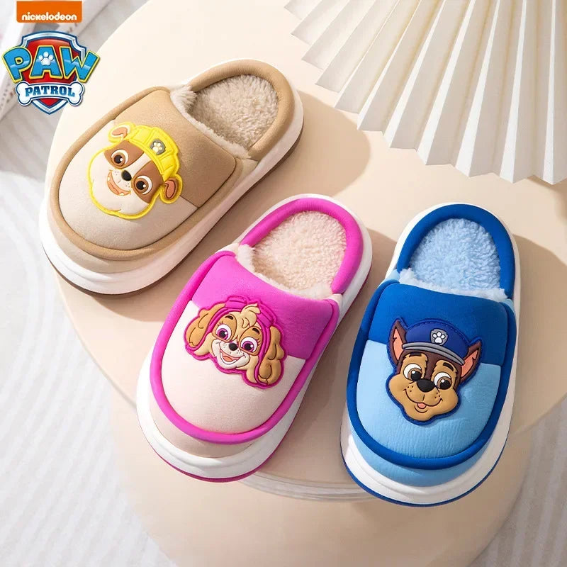 Original Paw Patrol Chase Kids Slippers Plush Fleece-Lined White & Blue Upper 3D Character Badge Soft Non-slip Sole Ultra-Warm