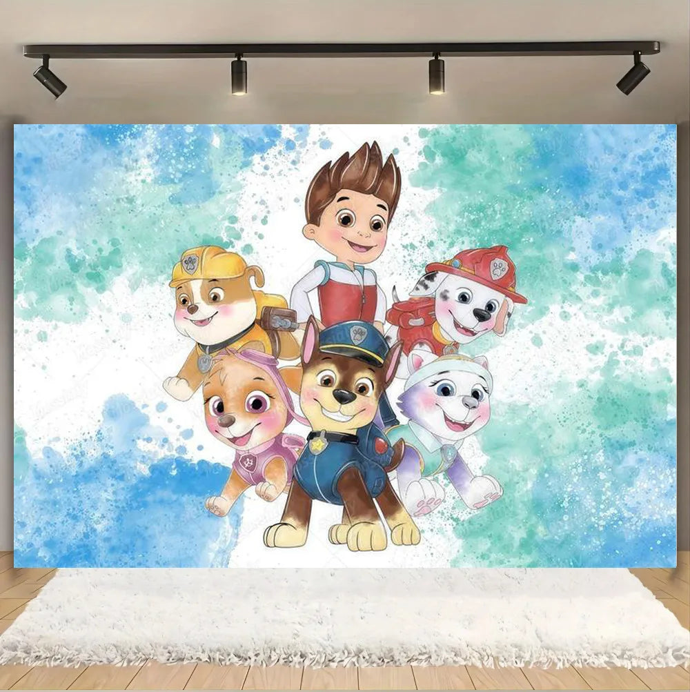 Pink And Blue Paw Patrol Background Dog Graffiti Happy Birthday Party Photography Background Custom Decoration Banner Cartoon