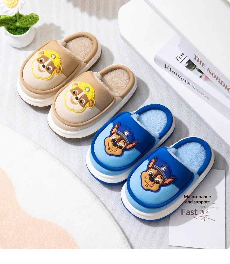 Original Paw Patrol Chase Kids Slippers Plush Fleece-Lined White & Blue Upper 3D Character Badge Soft Non-slip Sole Ultra-Warm