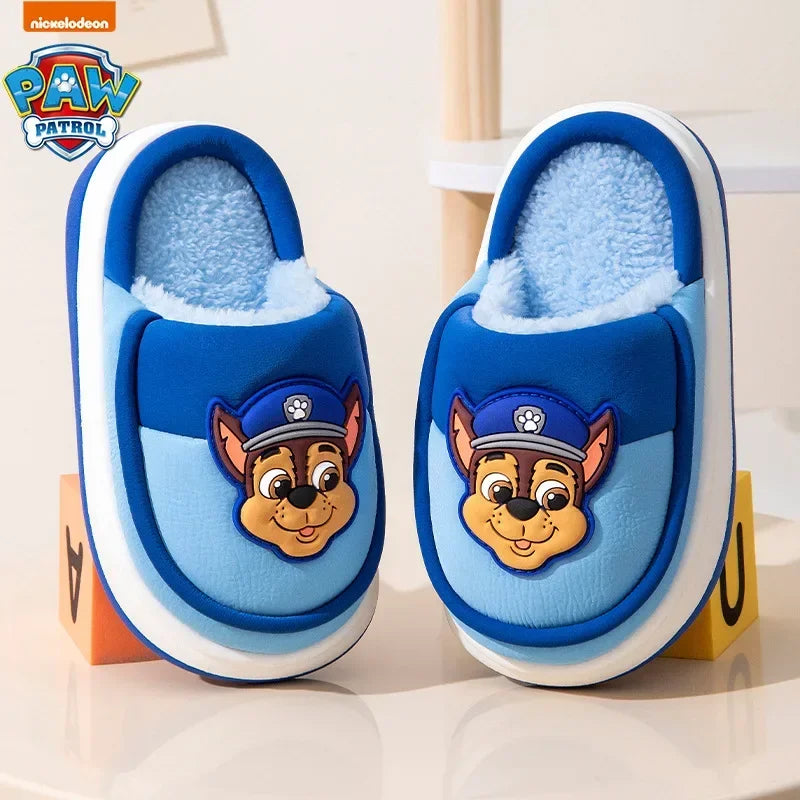 Original Paw Patrol Chase Kids Slippers Plush Fleece-Lined White & Blue Upper 3D Character Badge Soft Non-slip Sole Ultra-Warm