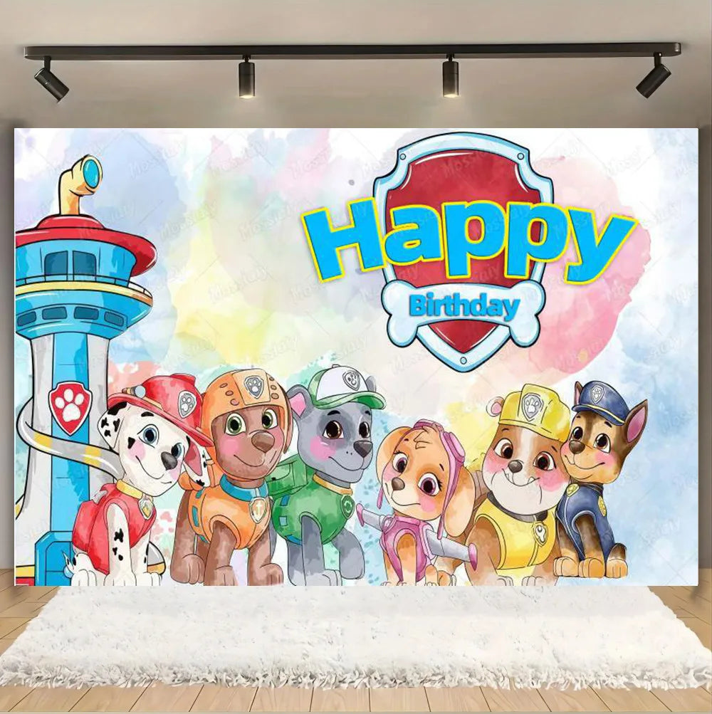 Pink And Blue Paw Patrol Background Dog Graffiti Happy Birthday Party Photography Background Custom Decoration Banner Cartoon