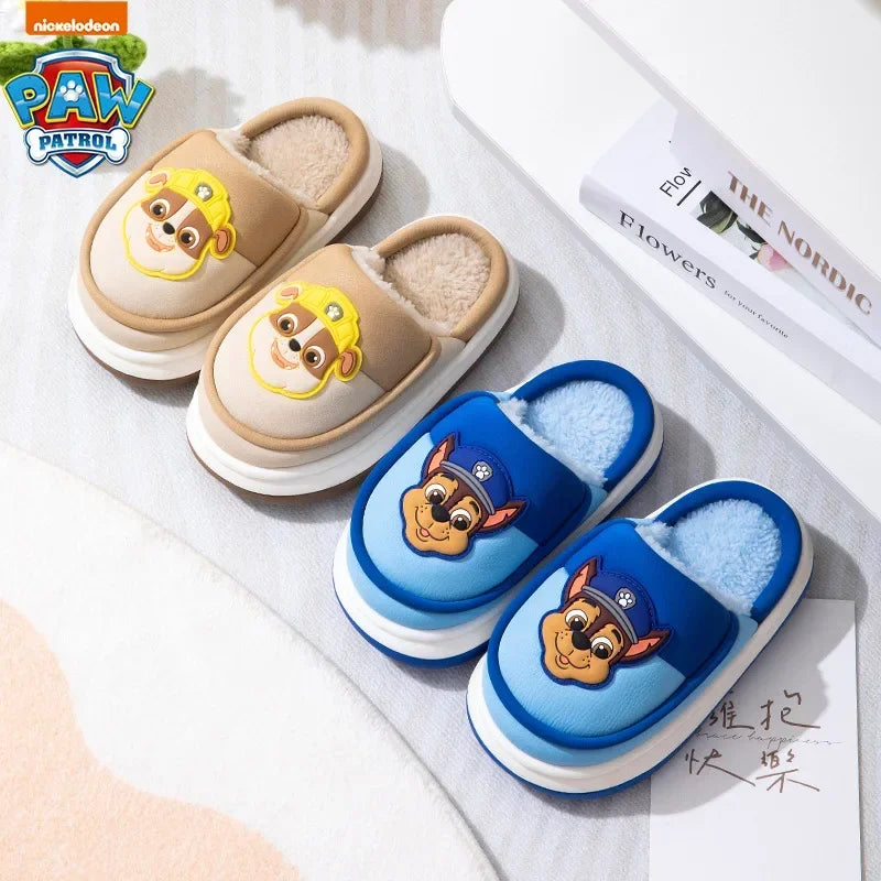 Original Paw Patrol Chase Kids Slippers Plush Fleece-Lined White & Blue Upper 3D Character Badge Soft Non-slip Sole Ultra-Warm