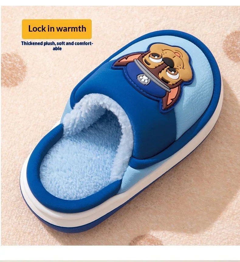 Original Paw Patrol Chase Kids Slippers Plush Fleece-Lined White & Blue Upper 3D Character Badge Soft Non-slip Sole Ultra-Warm