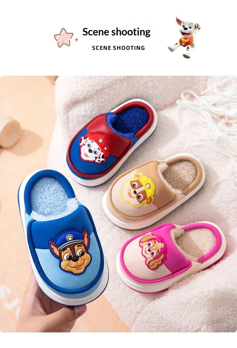 Original Paw Patrol Chase Kids Slippers Plush Fleece-Lined White & Blue Upper 3D Character Badge Soft Non-slip Sole Ultra-Warm