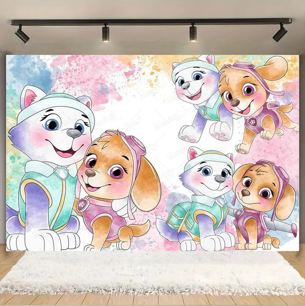 Pink And Blue Paw Patrol Background Dog Graffiti Happy Birthday Party Photography Background Custom Decoration Banner Cartoon