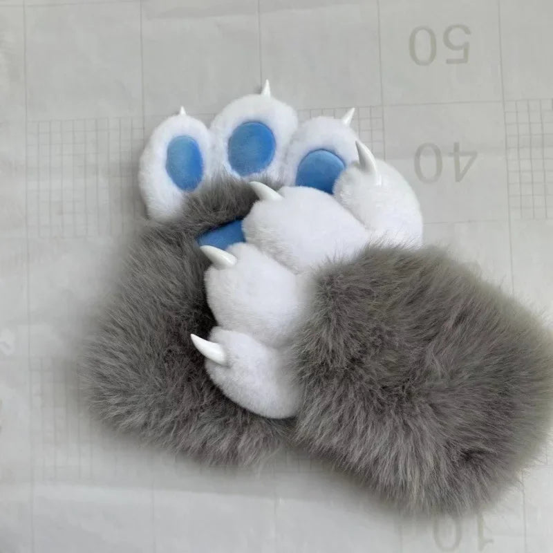 Furry Paw Gloves Squeaky Animal Claws with Nails Soft Plush Cute for Cosplay Fursuit Halloween Party