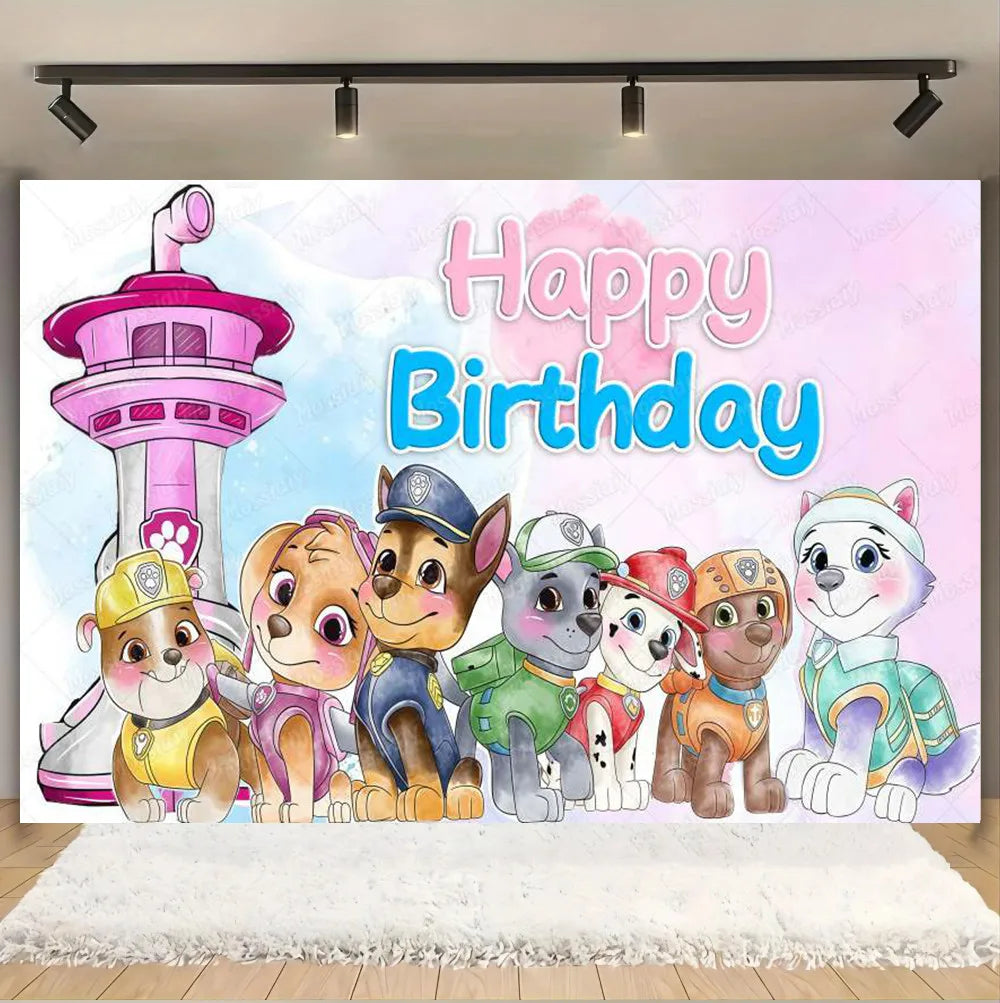 Pink And Blue Paw Patrol Background Dog Graffiti Happy Birthday Party Photography Background Custom Decoration Banner Cartoon