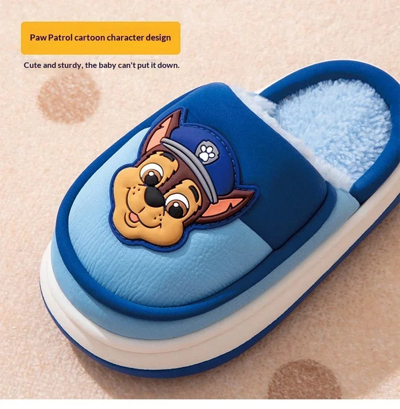 Original Paw Patrol Chase Kids Slippers Plush Fleece-Lined White & Blue Upper 3D Character Badge Soft Non-slip Sole Ultra-Warm