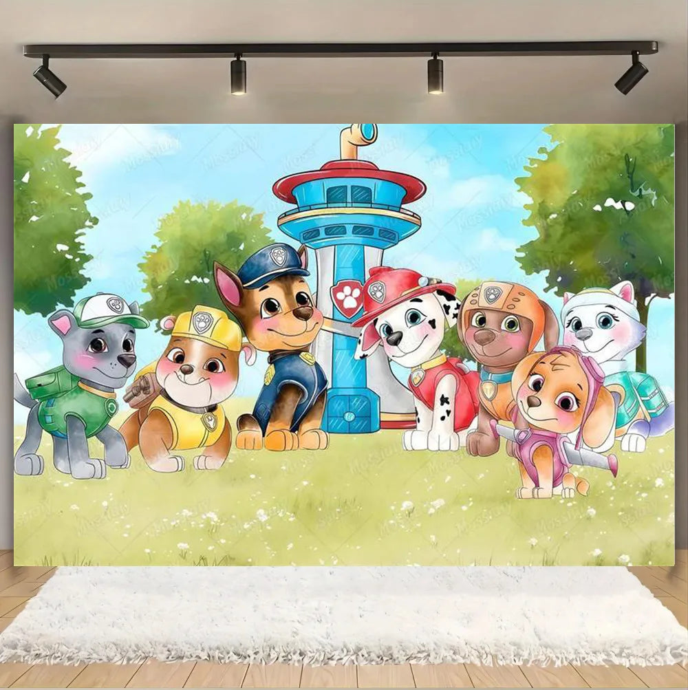 Pink And Blue Paw Patrol Background Dog Graffiti Happy Birthday Party Photography Background Custom Decoration Banner Cartoon