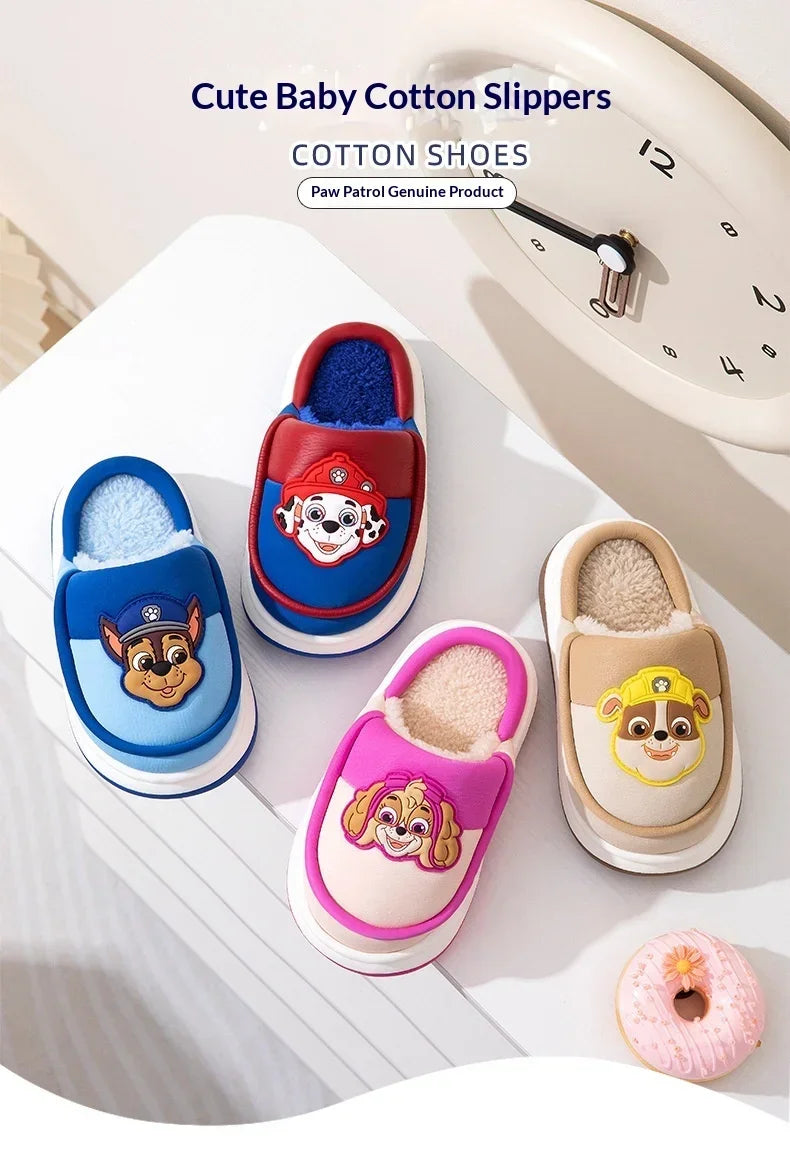 Original Paw Patrol Chase Kids Slippers Plush Fleece-Lined White & Blue Upper 3D Character Badge Soft Non-slip Sole Ultra-Warm