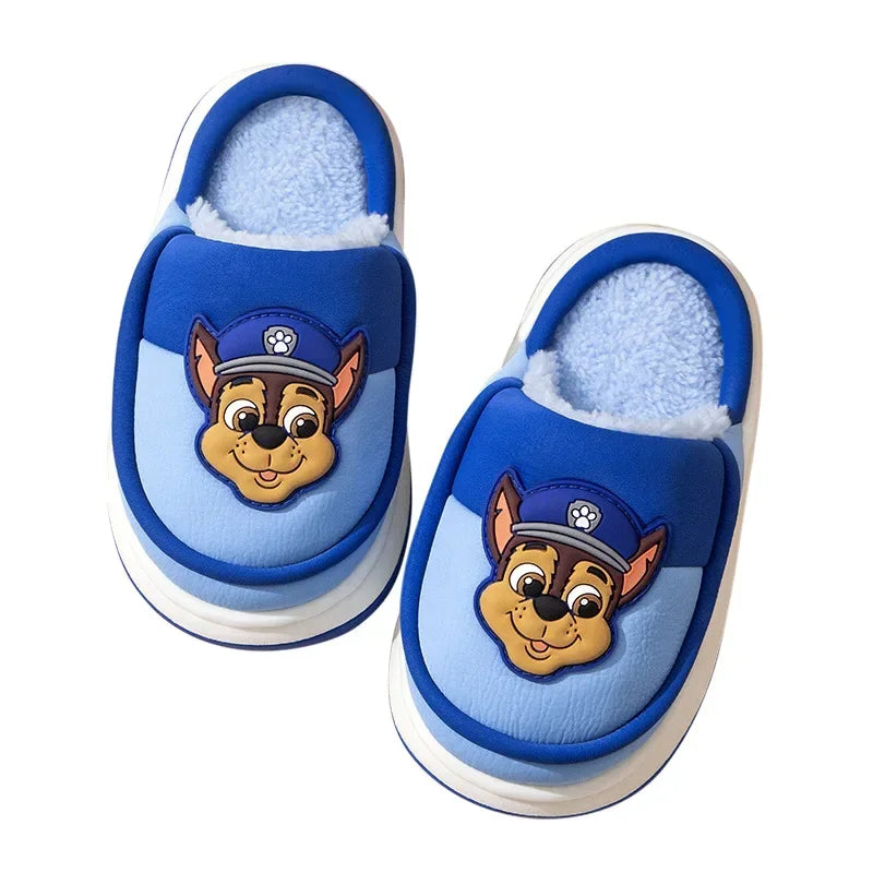 Original Paw Patrol Chase Kids Slippers Plush Fleece-Lined White & Blue Upper 3D Character Badge Soft Non-slip Sole Ultra-Warm