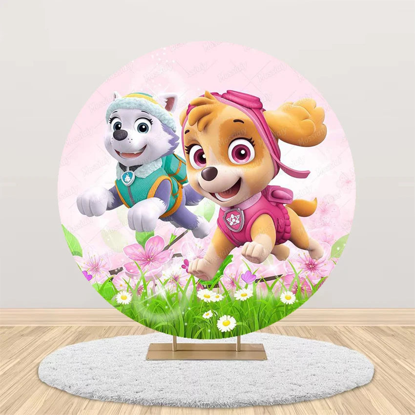 Pink Blue Paw Patrol Theme Girl Boy Birthday Round Background Party Decor Baby Shower Photo Photography Circular Backdrop