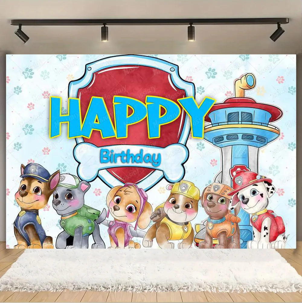 Pink And Blue Paw Patrol Background Dog Graffiti Happy Birthday Party Photography Background Custom Decoration Banner Cartoon